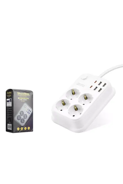 Showmax Sh4629 Termal Akim Korumali 4lü Pri̇z + 4*usb + 2*type-c 2m Beyaz